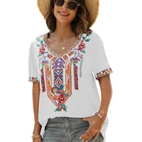 drakloak Boho Stickerei Bluse Hippie Kleidung Damen Bohemian Folklore Stickerei Bluse Kurzarm V Ausschnitt Tunika Sommer LäSsige Oberteil(443 WT L) - L