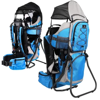 Dromader Kraxe Kindertrage bis 22kg - Baby Rückentrage Wandern mit Sonnendach Regenschutz - Babytrage Outdoor Trekking mit Thermotasche Wickelmatte - Einhändig klappbarer Aluminiumrahmen - Blau