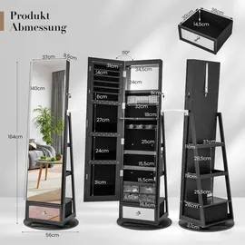 Costway Schmuckschrank 360° drehbar, Spiegelschrank mit Ganzkörperspiegel, LED-Leucheten & Schublade & Haartrocknerhalter, Schmuckregal abschließbar, Standspiegel für Schmuck (braun)