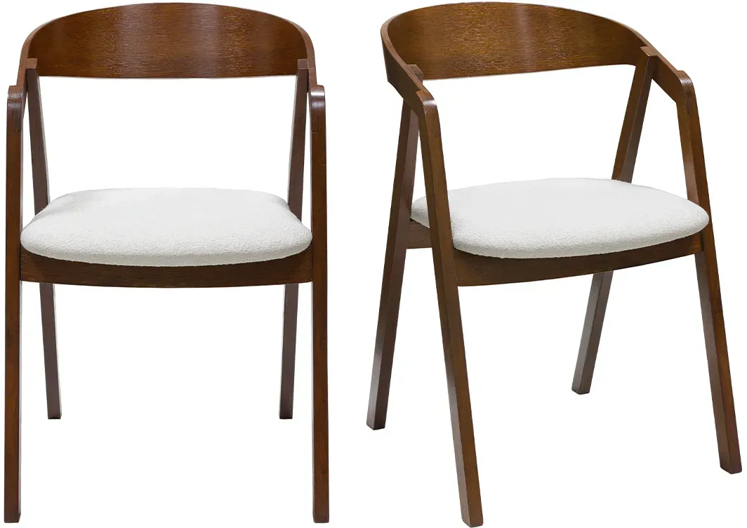 Chaises vintage empilables en bois teinté noyer et tissu effet laine bouclée blanc (lot de 2) LOVA