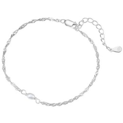 Hey Happiness Perlenarmband Damen Silber 925 18K Vergoldet, Kordelkette dünn, Silber Armkette gedreht Perle weiß, Brautschmuck silberfarben