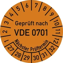 Dreifke® Prüfplakette VDE 0701 Nächster Prüft., 2027-2032, Folie, Ø 30mm, 10 Stück/Bogen