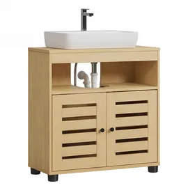 VASAGLE Waschbeckenunterschrank, Badschrank, 30 x 60 x 63 cm, für Waschbecken ohne Säule, 2 Lamellentüren, verstellbare Regalebene, mandelgelb