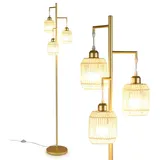 COSTWAY 173 cm Stehlampe, Leselampe mit 3 E27 Fassungen & Fußschalter, Stehleuchte modern mit Käfig Lampenschirm aus Papiergewebe, Standleuchte Gold - Gold