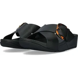 FitFlop Lulu Resin-Buckle Leather Cross Slides All Black Größe EU