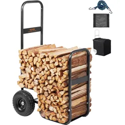 VEVOR Kaminholzwagen 67x52x110cm Brennholzwagen Pulverbeschichteter Stahl Brennholzkarre mit 266,7-mm-Gummirädern Holzwagen Max. 113,4kg Transportwagen inkl. Bungee-Seil Bodennetz 600D Oxford-Tuch
