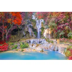 Fototapete PAPERMOON "WASSERFALL-BÄUME FLUSS SEE STEINE BLUMEN BERGE HERBST", bunt, B:3,50m L:2,60m, Vlies, Tapeten