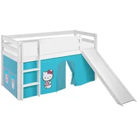 Lilokids Hochbett mit Rutsche JELLE 90×200 cm | 90x190 cm – Kinderbett & Spielbett aus Massivholz (Kiefer) inkl. Lattenrost – Verschiedene Markenmotive (Hello Kitty türkis, 90 x 200 cm)