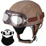 Deutsche Leder Motorrad Halbhelm Mit ECE, Vintage Jethelm Retro Mit Schutzbrille, Chopper Scooter-Helm, Fahrradhelm Mit Sonnenblende Und Herausnehmbares Innenfutter