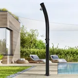 ML-Design Solardusche 20L 222cm rund mit schwenkbarer runder Duschkopf, Schwarz gebogen, warmes Wasser 60°C ohne Stromanschluss, mit Gartenschlauch-Anschluss, Solar Gartendusche Außendusche Pooldusche