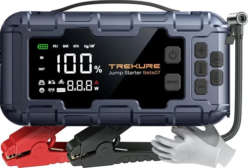 TREKURE Beta07 Starthilfe mit Luftkompressor (160PSI), 6000A Spitzenstrom 12V Auto Starthilfegerät, tragbare Powerbank mit 45W PD Schnellladung, 3.3 Zoll Smart-Display, 600LM LED Notlicht, inkl. Isolierhandschuhe