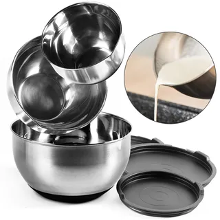 Coninx Rührschüssel Set Edelstahl, 3er mit Salatschüssel Deckel, Schüssel Rutschfestem Boden Spülmaschinenfest, Ausguss und Messskala
