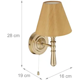 Relaxdays Wandlampe mit Schirm, 2er Set, Zugschalter, Flur & Wohnzimmer, E14, Stoff, Metall, HxBxT: 28x16x19 cm, Messing