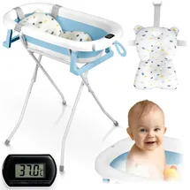 Ricokids Baby Badewanne Babywanne mit Gestell Thermometer und Badekissen - Faltbar Leicht Rutschfest - Weiß Blau