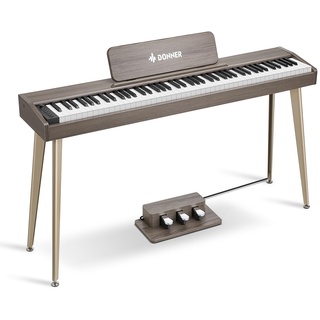 Donner 88 Tasten Digital Piano Keyboard für Anfänger, DDP-60 Electric Piano mit 88 anschlagdynamischen Tasten, 128 Stimmen, 83 Rhythmen, 8 Reverb-Effekte, inkl. 3 Piano Style Pedale, Ständer, grau