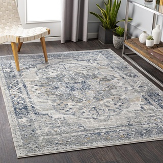 Livabliss Ascot Vintage groß - Orientalischer Wohnzimmer 200x275 cm, Esszimmer, Schlafzimmer - Boho Kurzflor für einfache Pflege - Grau und Blau