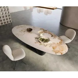 DeLife Esstisch Edge Oval 280x130 Keramik Minas Melange Weiß-Beige Infinity Metall Effektfinish Titan - Beige/Weiß