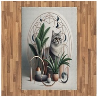 Teppich Flachgewebe Deko-Teppiche für das Wohn-,Schlaf-, und Essenszimmer, Abakuhaus, rechteckig, Katze Edles Kätzchen mit Boho Ornamenten grau|grün 120 cm x 180 cm