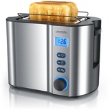 Arendo Toaster für 2 Scheiben mit Restzeitanzeige, 800W, wärmeisolierendes Doppelwandgehäuse, Brötchenaufsatz, Auftaufunktion, Silber