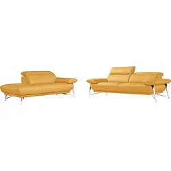Polstergarnitur EGOITALIANO "Anais, Design mit hohem Sitzkomfort für mehr Bequemlichkeit", gelb, Leder BULL, Ottomane Armlehne rechts, Sitzmöbel-Sets, Set: bestehend aus Sofa und Ottomane, inkl. Kopfteilverstellung