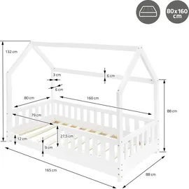 ML-Design Hausbett mit Rausfallschutz 80 x 160 cm Kiefer massiv weiß