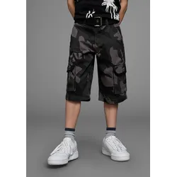 Shorts KIDSWORLD "2tlg. Bermudas+Gürtel", Jungen, Gr. 146, N-Gr, grau (grau tarnfarben), Web, Obermaterial: 100% Baumwolle, tarnfarben, modisch, bequem, Hosen, mit Textilgürtel, Topseller