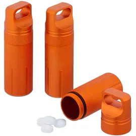Relaxdays wasserdichte Kapsel, 3er Set, Pillendose Schlüsselanhänger, für unterwegs, Aluminium, HxD: 9,5 x 3 cm, orange