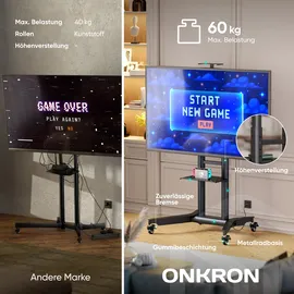 ONKRON TV Ständer rollbar für 32-75 Zoll Flach & Curved Fernseher bis 60 kg, Schwarz TS1571-B