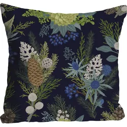 Dekokissen QUEENCE "Camilla", bunt (braun, grün, blau, bedruckt), B:40cm L:40cm, Polyester, Dekokissen_Sitzkissen_Kissenhüllen, Kissenhülle,Blumen,Pflanzen,Tannenzapfen,Naturmotiv,Botanisch