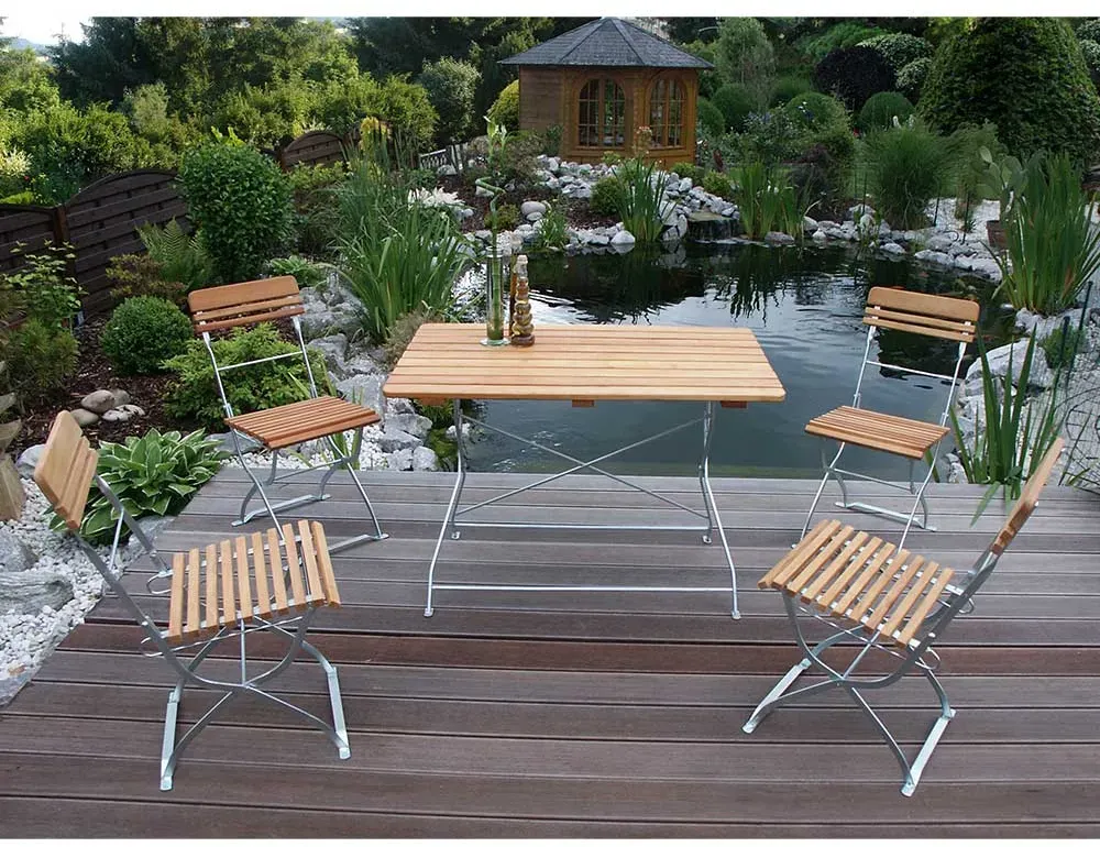 Gartensitzgruppe aus Robinie Massivholz und Stahl in Zinkfarben klappbar (fünfteilig)