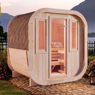 FinnTherm Fasssauna ScandiCube Mini xs, Fasssauna 2 Sitzbänke aus Holz, Sauna mit 42 mm Wandstärke, Außensauna mit Montagematerial ø Naturbelassen