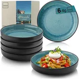 sänger Granada| Steingut Pastaschalen 6 tlg, Nudel Schalen Set 6 Personen, Schüssel Set spülmaschinenfest mikrowellenfest kratzfest, große Schüssel blau mit schwarzem Rand 750 ml | VALUE COLLECTION