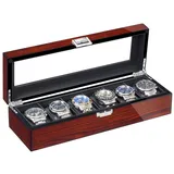 BEWISHOME Uhrenbox 6 uhren aus Holz für Herren – Luxus Uhrenbox Herren, Echtglas-Oberseite, glattes Kunstleder innen, Uhrenaufbewahrung, Braun ESSH06Y
