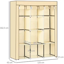 Homcom Stoffschrank, Kleiderschrank mit Kleiderstangen, 8 Ebenen, Faltschrank, Faltbare Garderobe für Schlafzimmer, Flur, Vliesstoff, Beige, 125 x 43 x 162,5 cm
