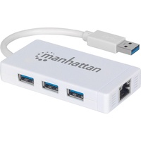 Manhattan USB-A auf 3-Port Hub mit Gigabit-Ethernet-Netzwerkadapter, Drei USB 3.0 Hub-Ports mit 5 Gbit/s; ein 10/100/1000 Mbit/s Netzwerk-Port für UltraBooksTM und MacBooks