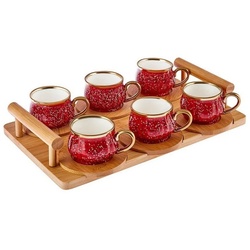 Karaca Kaffeeservice Bambus Tablett 6 Person Rot Kaffeetasse Set 90 ml