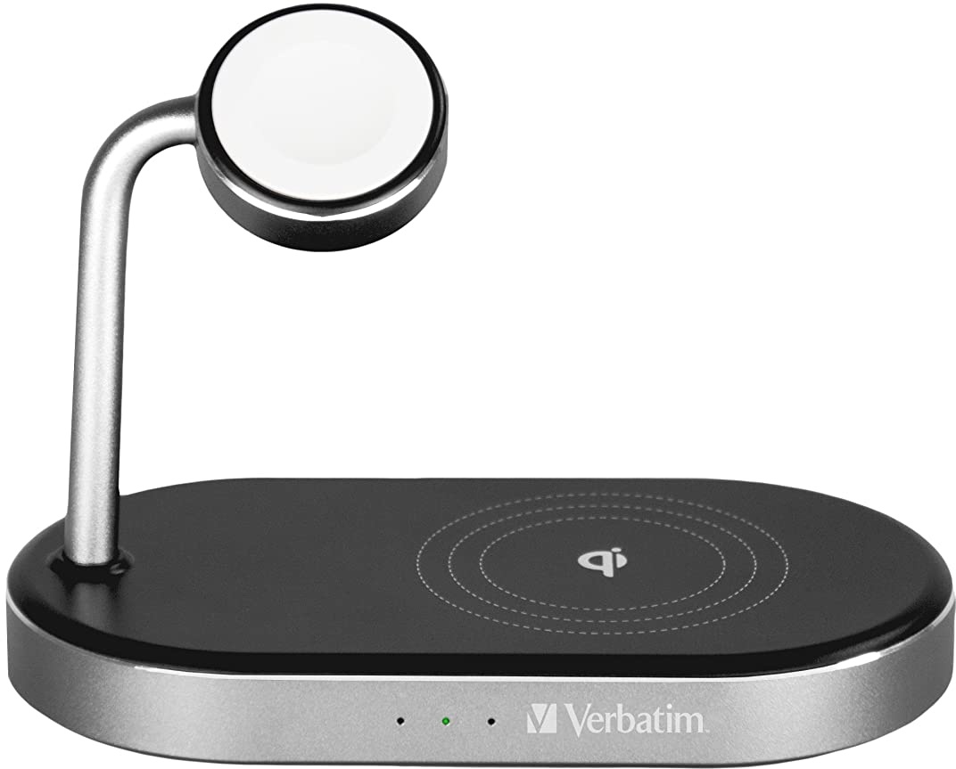 Verbatim 3-in-1 Qi MFi Wireless Fast Charger WCS-02, für iPhone, Apple Watch & Qi-fähige Geräte, Handy Ständer mit induktiver Ladestation, kabelloses Ladegerät für Apple, Samsung und mehr