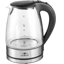 LENTZ Wasserkocher Glas 74128 2200W 1,7 Liter LED Beleuchtung Drahtlose Steuerung Edelstahl, Silber