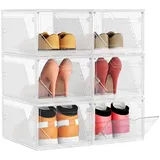 SONGMICS Schuhboxen 6er Set, Schuh-Organizer aus Kunststoff, stapelbar quer und längs, Aufbewahrungsbox mit Magnettverschluss, durchsichtig, für Schuhe bis Größe 46, wolkenweiß LSP806WH01