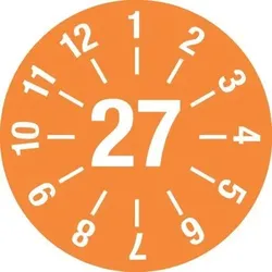 Prüfplakette "27", mit Strichen, orange, Folie, selbstklebend, 25 mm, VE = 5 Bogen à 15 Stück