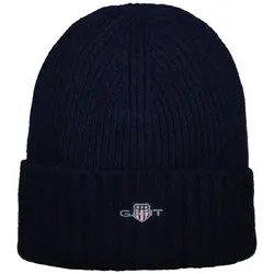GANT Unisex Mütze - SHIELD WOOL BEANIE, Rippstrick, Woll-Mix, Logo One Size Blau
