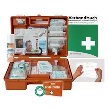HM Arbeitsmedizin Verbandskoffer/Verbandskasten (M) Typ S - Erste Hilfe nach aktueller DIN 13157 für Betriebe -DSGVO- INKL. PERFORIERTEM VERBANDBUCH + Sprühpflaster
