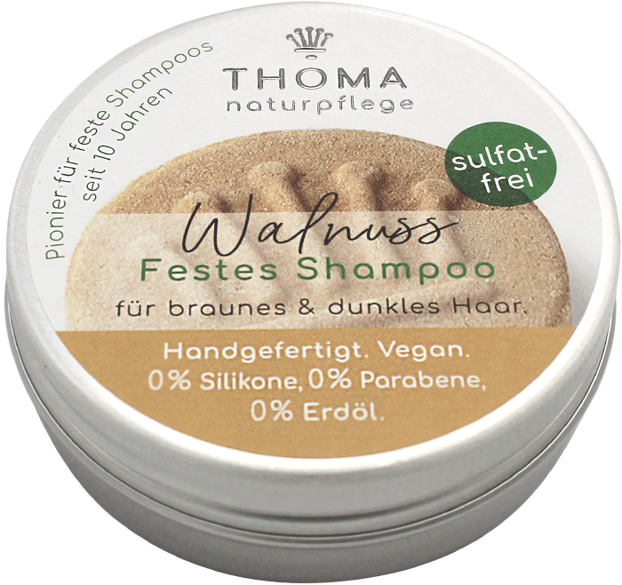 Walnuss-Shampoo – vegan, THOMA Naturseifen-Manufaktur, für braunes & dunkles Haar, handgefertigt, 55 g, Aludose
