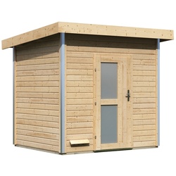 Karibu Gartensauna Pultdach Saunahaus Norge-Ohne Ofen-Milchglas-Saunatür (blickdicht) inkl. 8-teiligem gratis Zubehörpaket (Gesamtwert 191,92€)