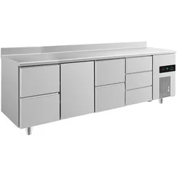 Gastro Kühltisch je 2 Schubladen links&Mitte 3 Schubladen rechts 1 Tür Mitte, Aufkantung, Umluftkühlung 2330x700x850mm -2/+8°C