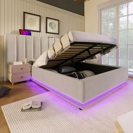 stilvora Polsterbett Stauraumbett 180×200cm Doppelbett mit App Control LED und USB-C Ladefunktion,Bettgestell mit Lattenrost,Leine,Beige(ohne Matr... - Beige