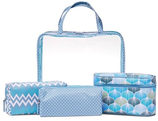 4-part cosmetic bag set in blue and transpa