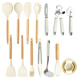 CAROTE Küchenhelfer Set 16 Stücke, Silikon Küchenutensilien Antihaftes Hitzebeständiges Küchenhelfer Set mit Holzgriff zum Kochen, Backen,BPA Frei, Spülmaschinenfest