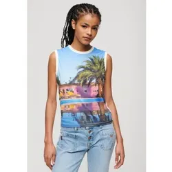 Superdry für Damen. W6011959A Tank-Top mit weißem Unterdruck (M), Lässig, Baumwolle, Ärmellos / Hosenträger