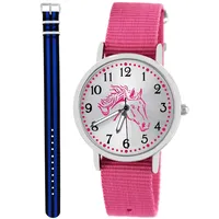 Pacific Time Kinder Armbanduhr Mädchen Junge Pferd Kinderuhr Set 2 Textil Armband rosa + schwarz blau analog Quarz 10564